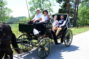 Malvalette : les mariés arrivent dans une calèche tirée par des chevaux de cinéma